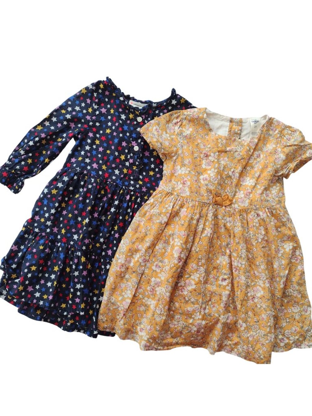Lot of 2 Girls Cotton Dresses 2T Crewcuts OshKosh Star Floral Print Navy Golden